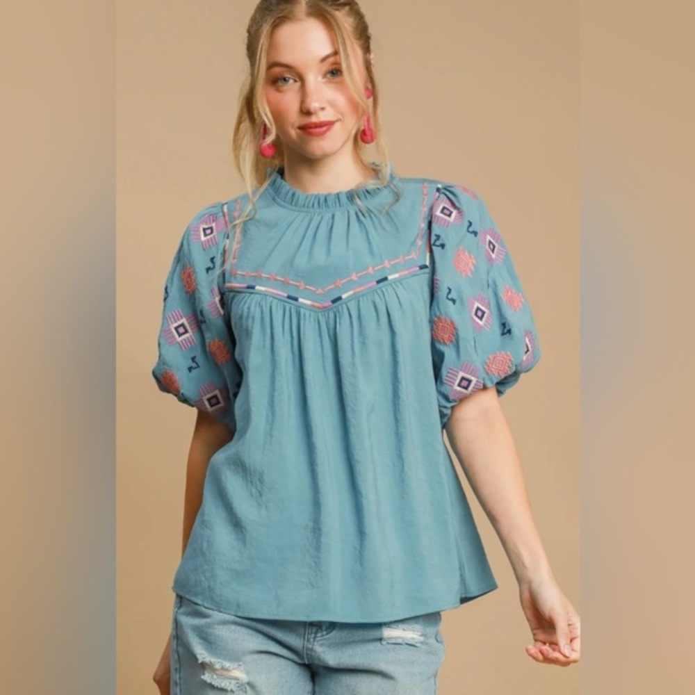 Umgee Full Size Embroidered Puff Sleeve Mock Neck Top